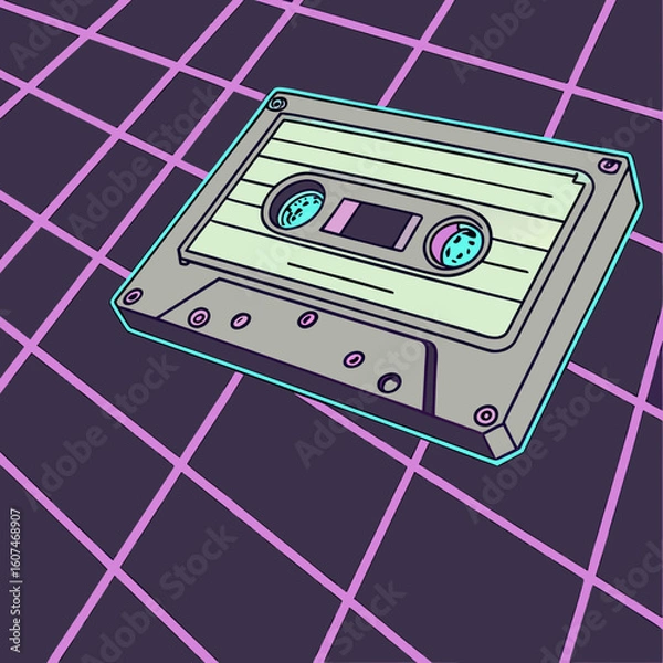 Fototapeta A retro cassette tape on a grid background with a synthwave aesthetic and a vintage feel to the image
