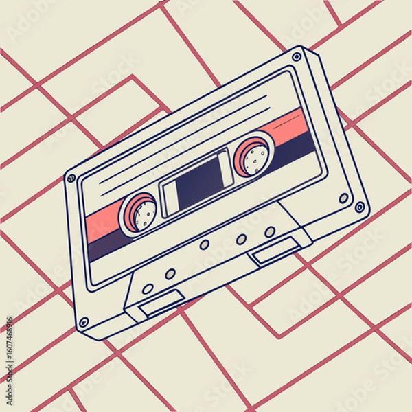 Fototapeta Angled view of a cassette tape with red and blue accents over a grid pattern background design