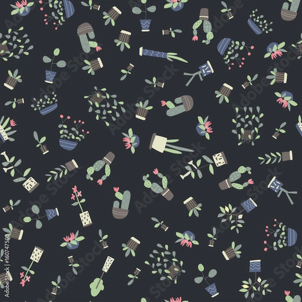 Fototapeta Seamless pattern with indoor plants on dark background. Vector background illustration.