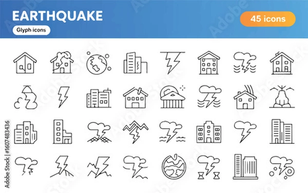 Fototapeta Black and white earthquake icons set with buildings and lightning glyph