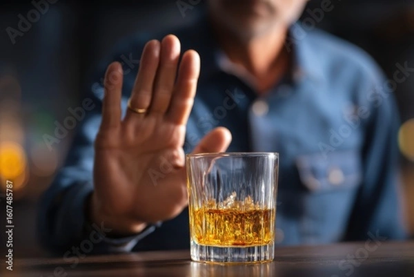 Fototapeta A man in a blue shirt refuses a glass of whiskey, signaling a decision to avoid alcohol consumption