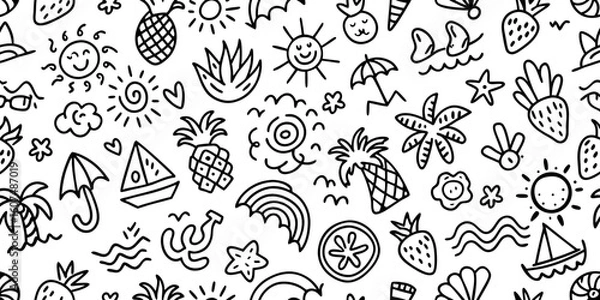 Fototapeta Summer Doodle Pattern: Seamless Beach & Tropical Design