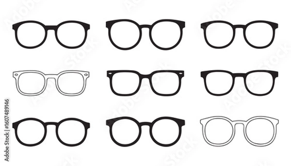 Fototapeta Silhouette and Line Art Glasses Icon Set Stylish Eyewear, Sunglasses, Spectacles, and Optical Frame Vector Collection