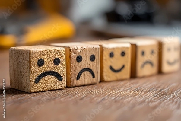 Fototapeta Unhappy, happy and neutral faces on wooden cubes representing negative customer feedback and user experience