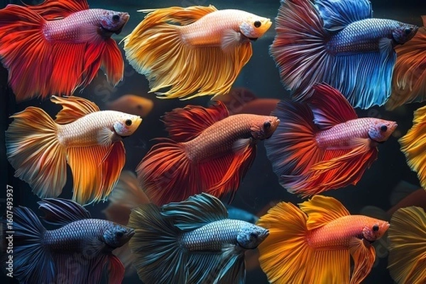 Obraz Colorful betta fish displayed in a grid pattern