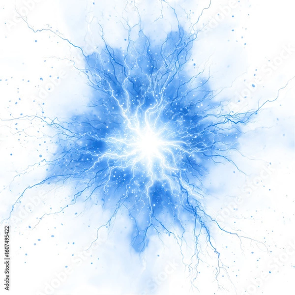 Fototapeta A bright blue and white abstract explosion of energy with lightning bolts and sparks isolated on transparent background