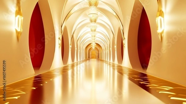 Fototapeta Elegant Golden Corridor with Architectural Arches and Luminous Chandeliers