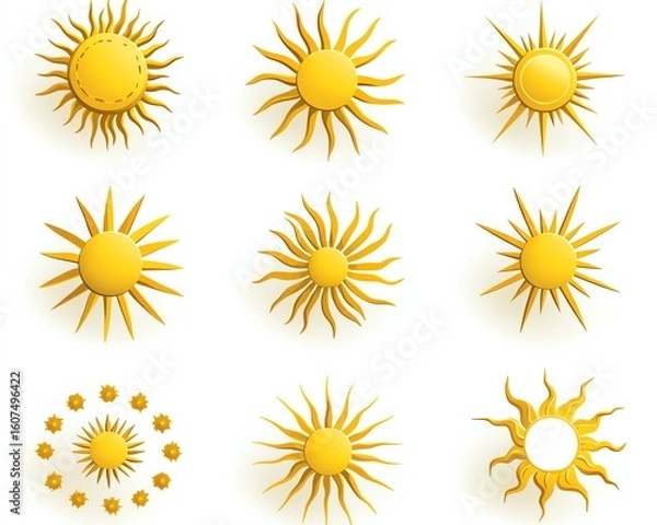 Fototapeta Fifteen stylized yellow sun icons with varying ray shapes on a white background