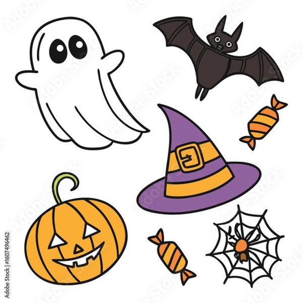 Obraz Halloween ghost bat pumpkin witch hat candy spider web