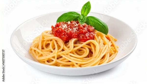 Fototapeta Spaghetti with Tomato Sauce in White Bowl, Isolated on White Background