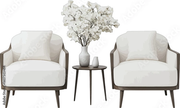 Fototapeta Two white armchairs with a side table and floral arrangement cream brown