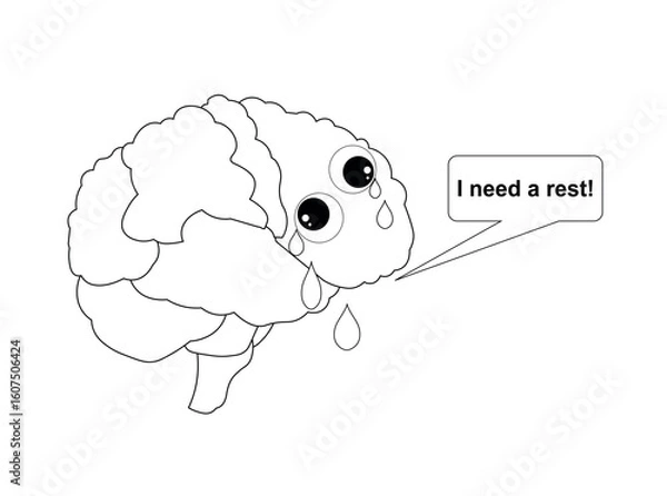 Fototapeta Human brain psychotherapy concept. Banner I need rest. Tired brain crying, information overload, work overload, psychological trauma, mood disorder or mental health problems, solving mental problems. 