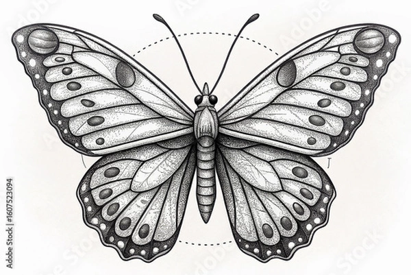 Fototapeta Intricate Tattoo Sketch of a Symmetrical Butterfly with Detailed Patterns and Textures, Ideal for Body Art Inspiration