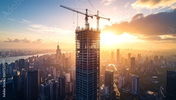 Fototapeta Aerial view of a skyscraper under construction at sunset, with cranes and cityscape in the background