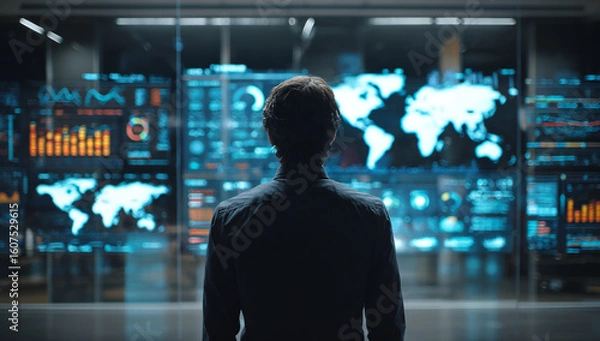Fototapeta A man looks at a large screen displaying global data and financial charts
