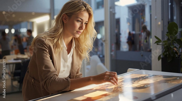 Fototapeta Young woman concentrating while interacting with digital display indoors  