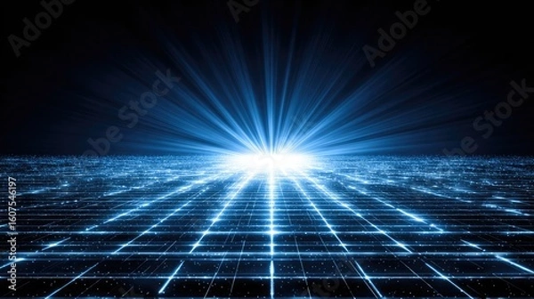 Fototapeta Digital grid network with luminous light rays.