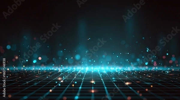 Fototapeta Futuristic grid surface with glowing particles.