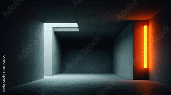 Fototapeta Empty, concrete interior space with contrasting light.