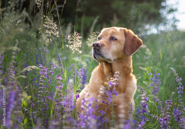 Obraz A portrait of a fox red yellow labrador retriever in the grass with purple flowers