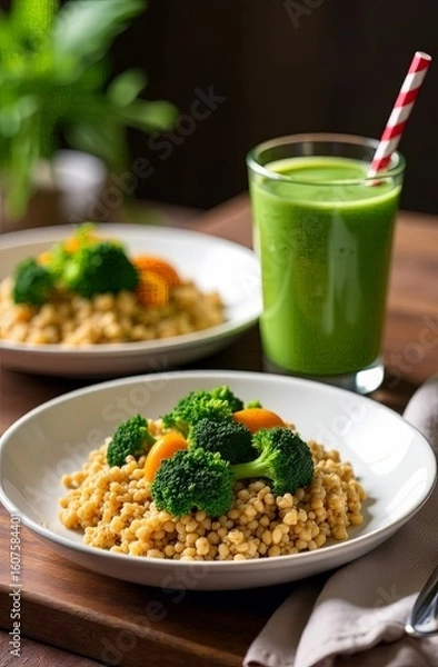 Fototapeta Vegan food of bulgur, broccoli, cherry tomatoes, spinach smoothie on wooden table with cutlery, linen napkin with blurred background of decorated table. Vertical concept of food for longevity