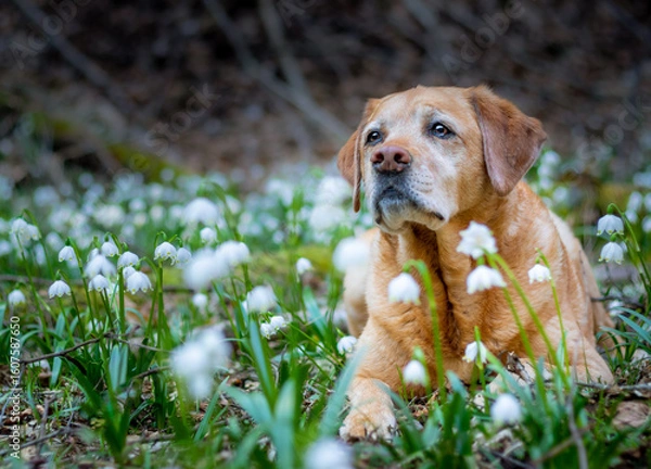 Obraz Old fox red yellow labrador retriever laying in lots of snowdrops 