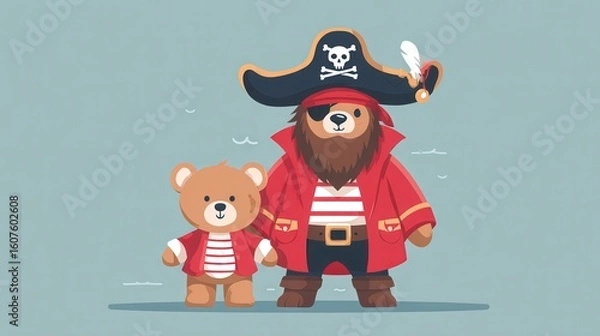Obraz pirate captain slogan with bear doll in red pirate costume vector illustration, no logos, no brands