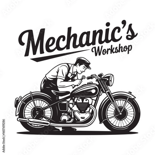 Fototapeta Mechanic repairing a motorcycle in a workshop black and white image