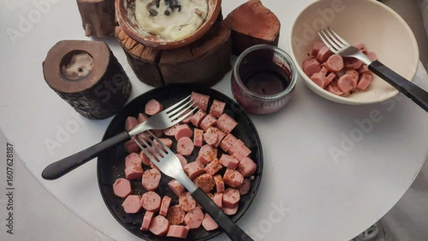 Obraz Chopped sausages with chili powder and lemon, for a delicious snack.
