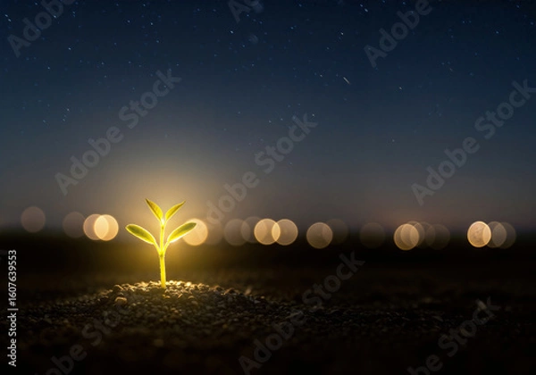 Fototapeta Young Sprout Illuminated at Night with a Starry Background and Warm Glow