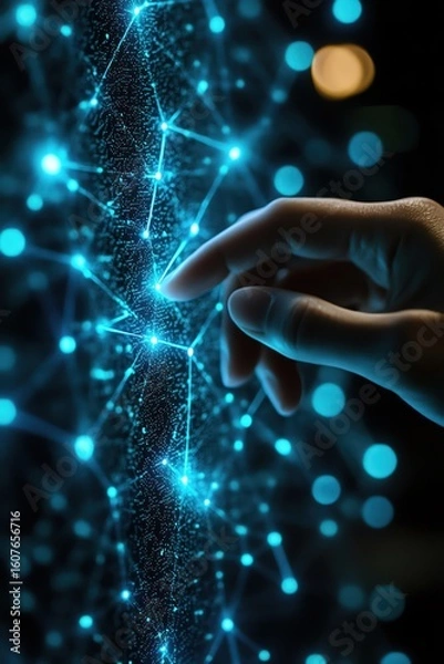 Fototapeta A closeup of a hand touching a digital network, signifying human interaction with advanced technology
