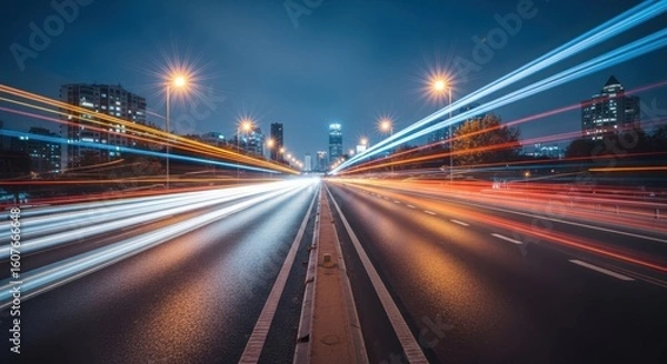 Obraz Cityscape road at night with blurred light trails from passing cars