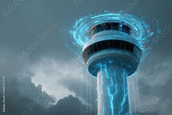 Fototapeta Smart Weather Control Tower in Futuristic City