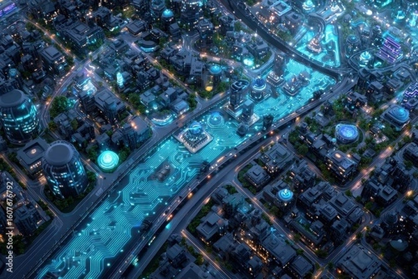 Fototapeta Smart City Layout as Circuit Board Design