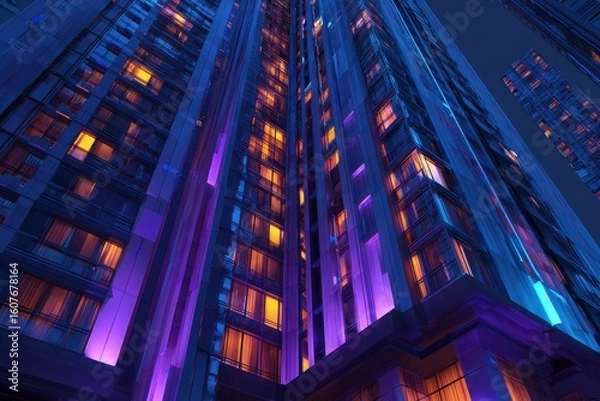 Fototapeta Smart Residential High-Rise with Neon Windows
