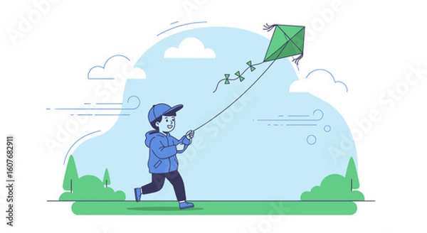 Obraz Boy Running And Flying A Kite In A Park During A Sunny Day