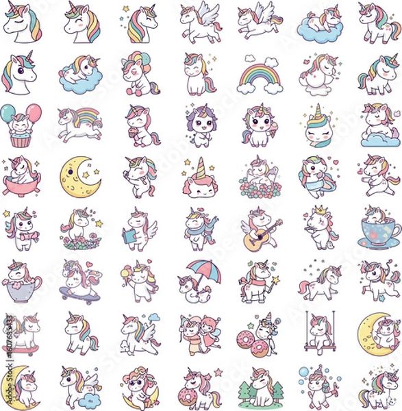 Fototapeta Cute unicorns with rainbow manes and tails in various poses fantasy magical