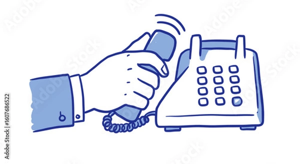 Fototapeta hand answering ringing desk phone. Hand holding a telephone receiver to make a call  