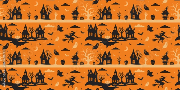 Fototapeta Orange seamless Halloween pattern with haunted houses, witches, ghosts, bats, pumpkins, and spooky trees. Ideal for festive wrapping, textiles, and party decor. Vector art