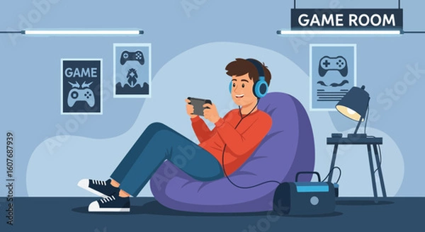 Fototapeta Boy Immersed In Mobile Gaming At Home Relaxing In A Beanbag Chair