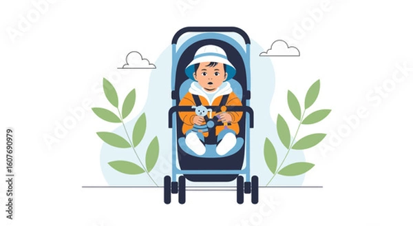 Fototapeta Cute Baby In Stroller Enjoying A Walk In A Peaceful Environment With Clouds