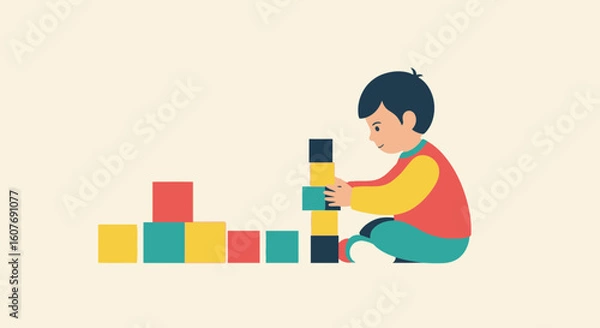 Fototapeta Cute Boy Playing With Building Blocks And Arranging Them In Different Shapes