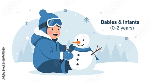 Fototapeta Cute Child Building A Snowman On A Snowy Day In A Winter Landscape