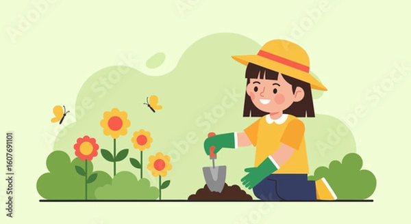 Fototapeta Cute Girl Cartoon Gardening With Sunflowers And Butterflies Illustration