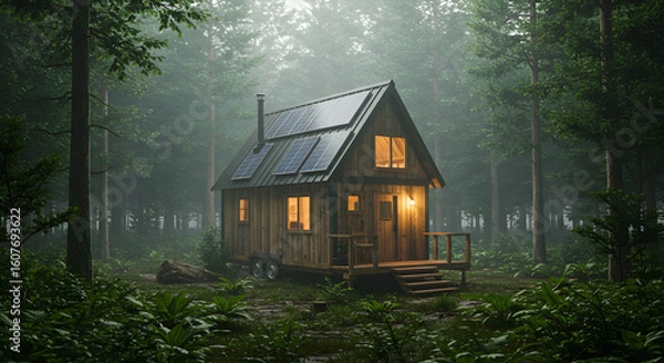 Fototapeta Cozy tiny house nestled in a misty forest, illuminated by warm interior light.