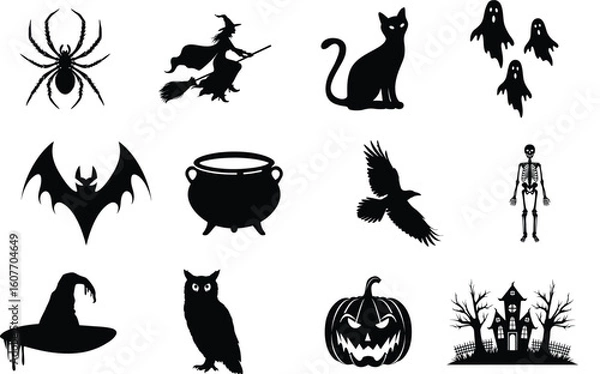 Fototapeta set of halloween element silhouette collection. Black and white vector editable file. pumpkin, ghost, cat, cauldron, horror house, female witch ride, owl, raven bird, skeleton, spider, witch hat