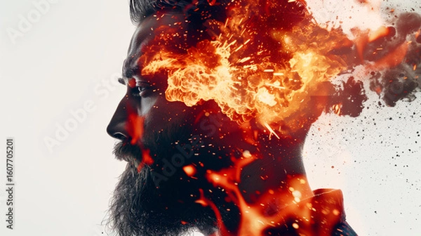 Fototapeta Silhouette of bearded man with fiery explosion inside head