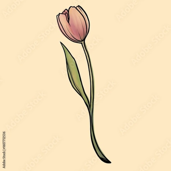 Fototapeta pink tulip flower, delicate single tulip watercolor with graphics on alight yellow background