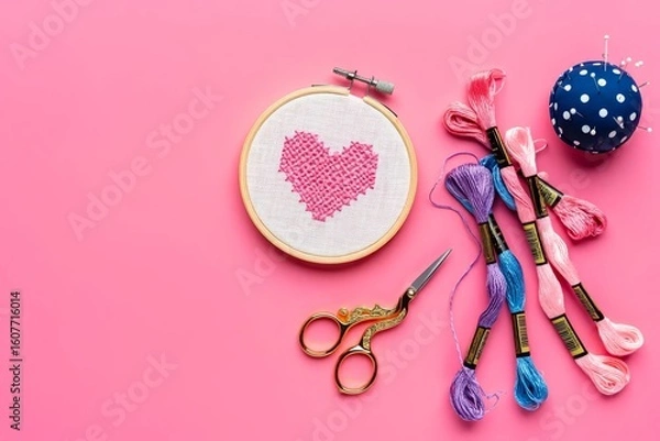 Obraz Flat lay composition with embroidery and different sewing accessories on pink background. Space for text.