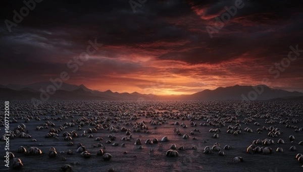Fototapeta Sunset over a desolate landscape filled with metallic spheres; apocalyptic scene for sci-fi